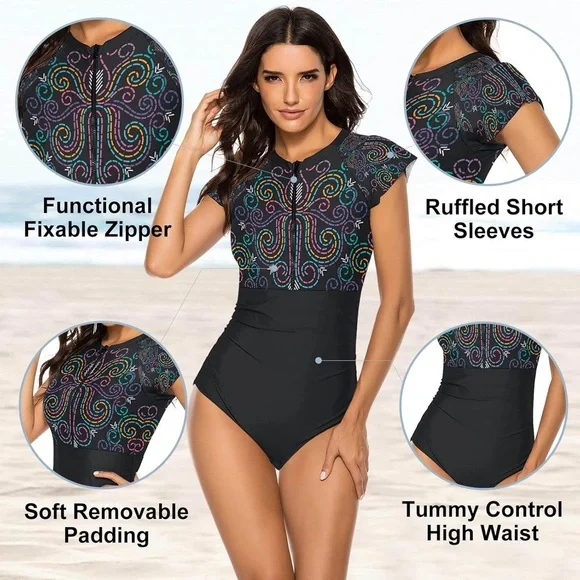 Women's Short Sleeve One Piece Rash Guard Swimsuit Zip Front UPF50+ Surfing L - Picture 2 of 4